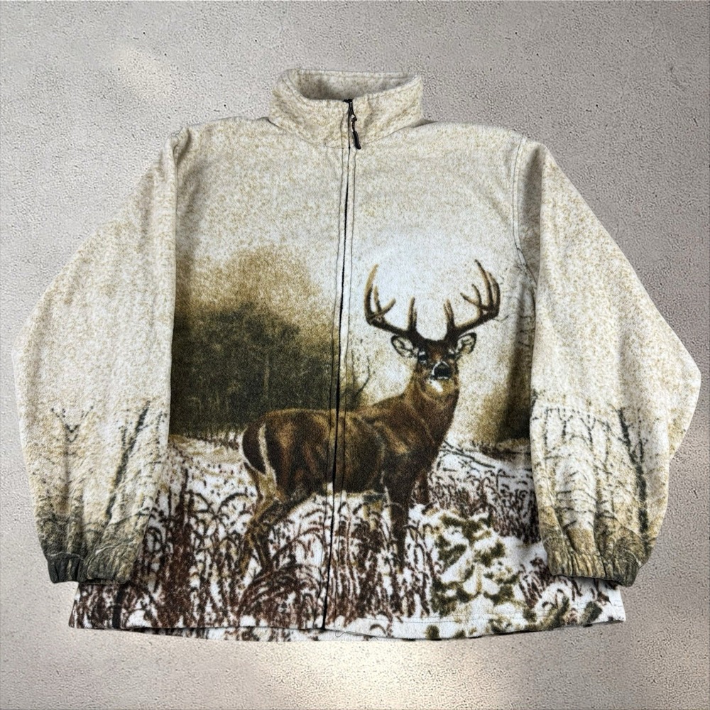 Vintage Trailcrest Deer Nature AOP Fleece Jacket Mens XL Full Zip Hunting Buck